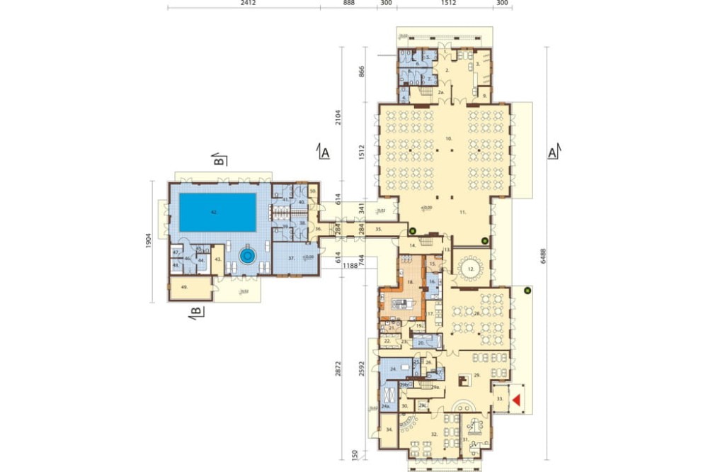 Projekt hotelu LK-57, piętrowy z poddaszem użytkowym, niepodpiwniczony, bez garażu - rzut parteru