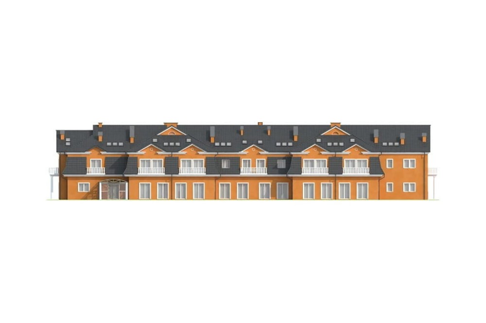 Projekt hotelu LK-57, piętrowy z poddaszem użytkowym, niepodpiwniczony, bez garażu - elewacja frontowa