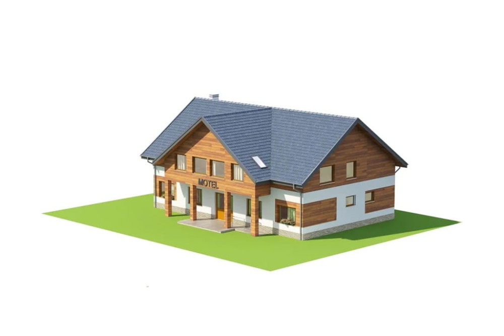 Projekt motelu K-61 D, parterowy z poddaszem użytkowym, niepodpiwniczony, bez garażu - model