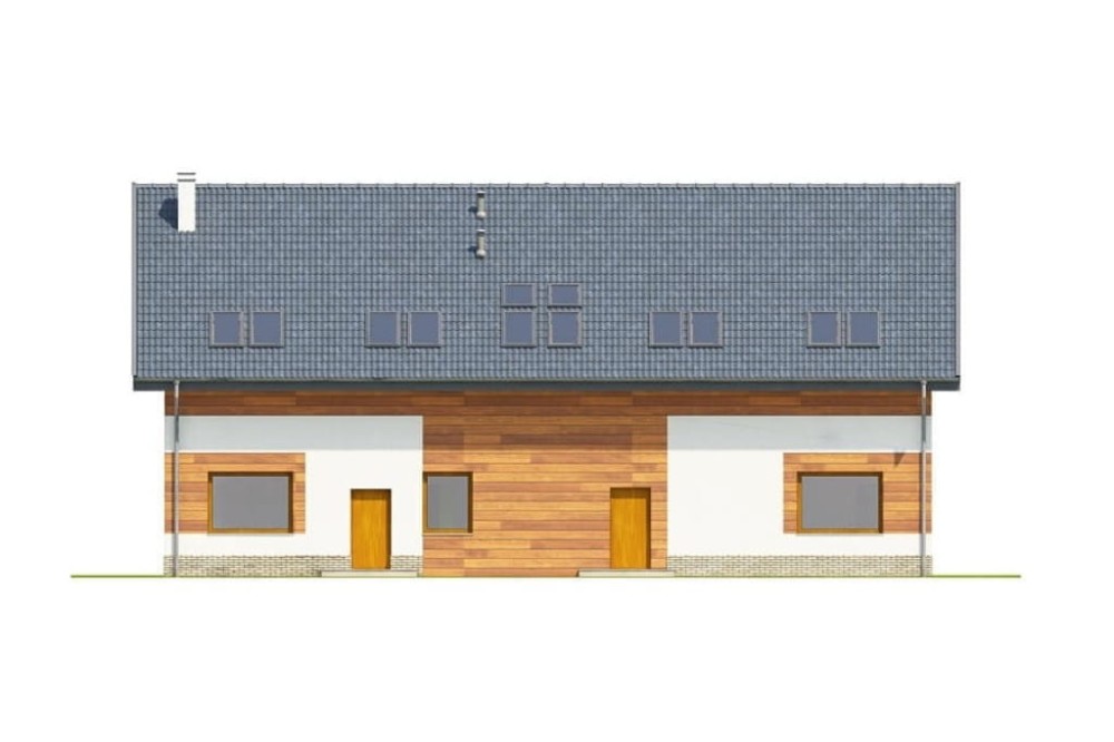 Projekt motelu LK-61 D, niepodpiwniczony, posiada 2 kondygnacje nadziemne - elewacja ogrodowa