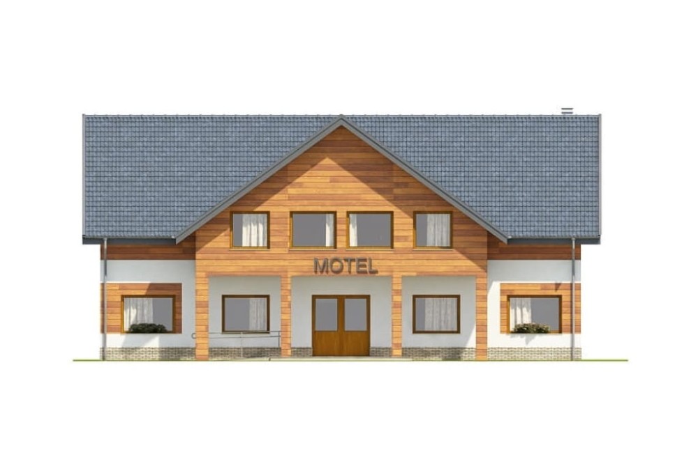 Projekt motelu LK-61 D, niepodpiwniczony, posiada 2 kondygnacje nadziemne - elewacja frontowa