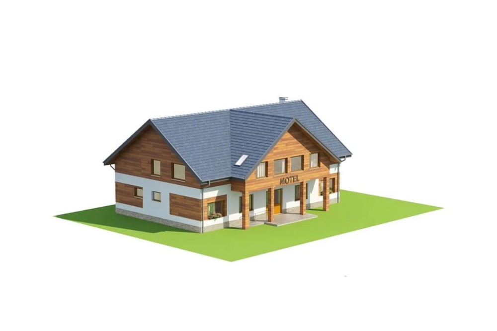 Projekt motelu LK-61 D, niepodpiwniczony, posiada 2 kondygnacje nadziemne - model