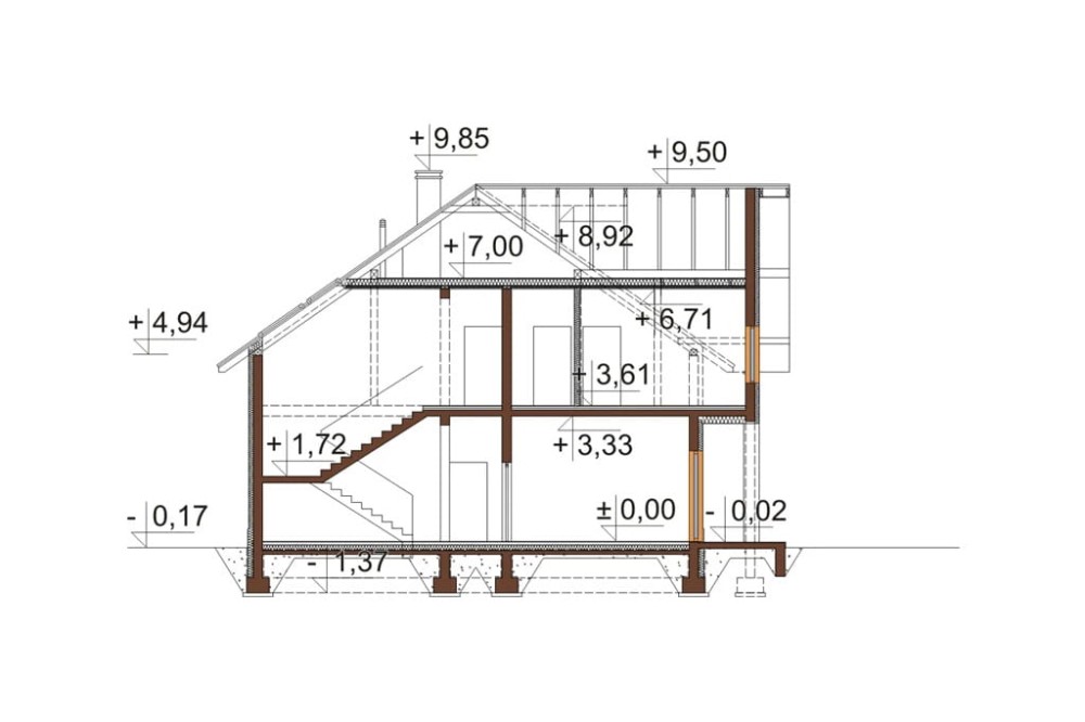 Projekt motelu LK-61 D, parterowy z poddaszem użytkowym, niepodpiwniczony, bez garażu - przekrój A-A