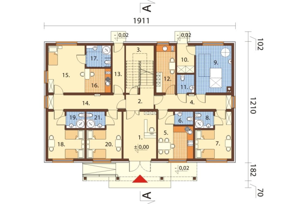 Projekt motelu LK-61 D, parterowy z poddaszem użytkowym, niepodpiwniczony, bez garażu - rzut parteru