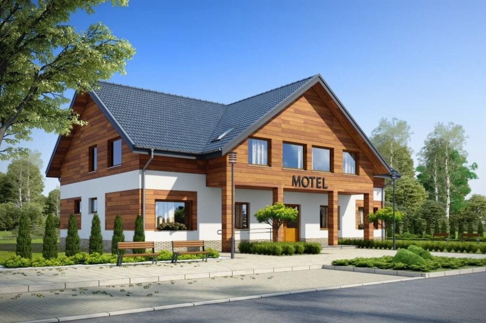 Projekt motelu LK-61 D, parterowy z poddaszem użytkowym, niepodpiwniczony, bez garażu - kolorystyka wersja 1