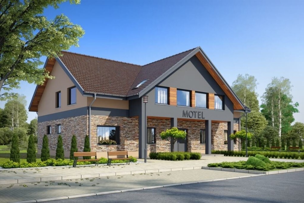 Projekt motelu LK-61 D, parterowy z poddaszem użytkowym, niepodpiwniczony, bez garażu - kolorystyka wersja 2