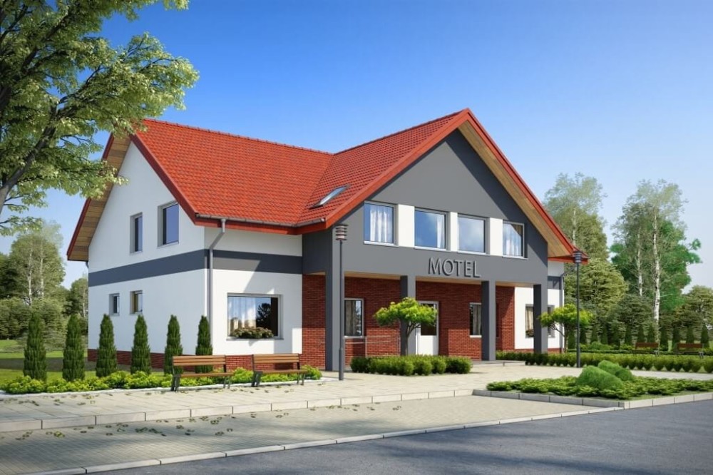 Projekt motelu LK-61 D, niepodpiwniczony, posiada 2 kondygnacje nadziemne - wizualizacja elewacji