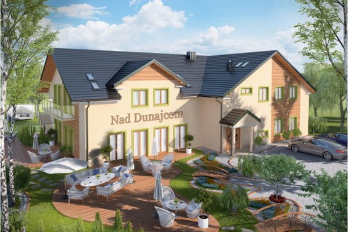 Projekt budynku gastronomicznego z zapleczem noclegowym LK-70, parterowy z poddaszem użytkowym, niepodpiwniczony - kolorystyka wersja 1