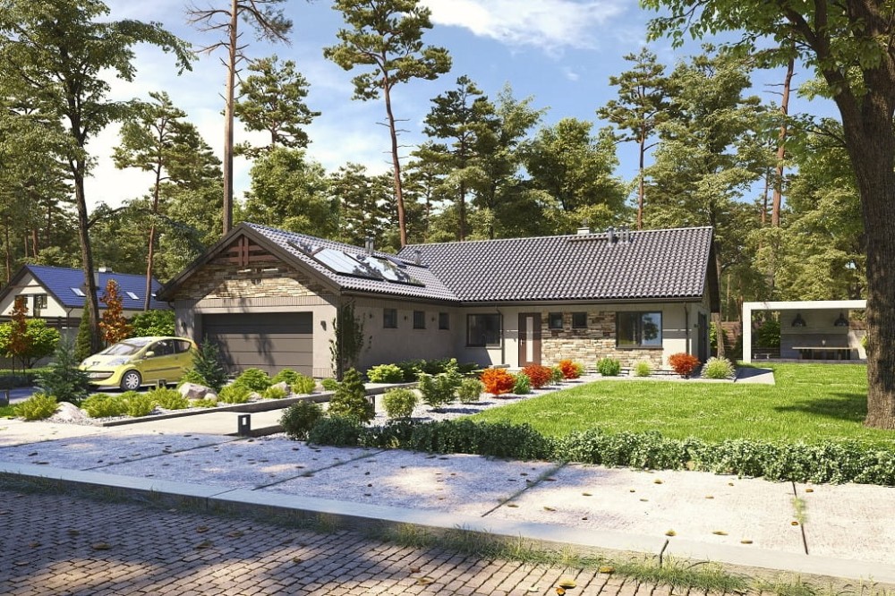 Projekt domu Tiamona tech. DM-6682 tech., parterowy, jednorodzinny, tradycyjny, z garażem dwustanowiskowym, bez podpiwniczenia - kolorystyka wersja 2