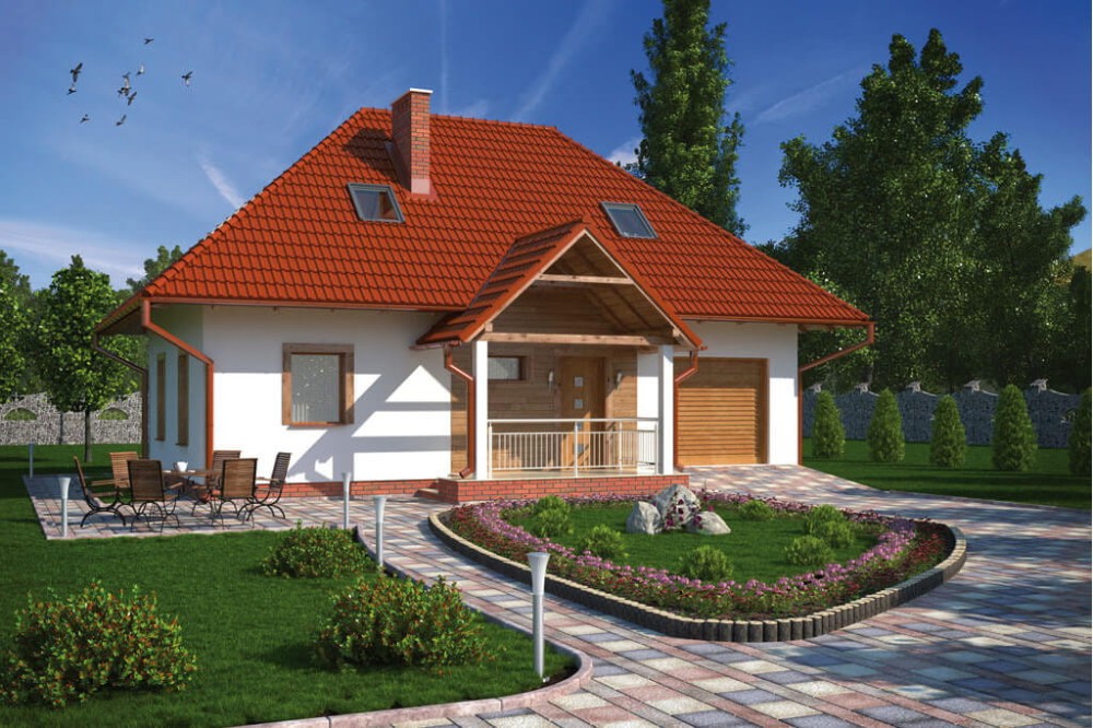 Projekt domu Sitno tech. L-6083 tech., parterowy, z poddaszem użytkowym, jednorodzinny, tradycyjny, z garażem, bez podpiwniczenia-kolorystyka wersja 3