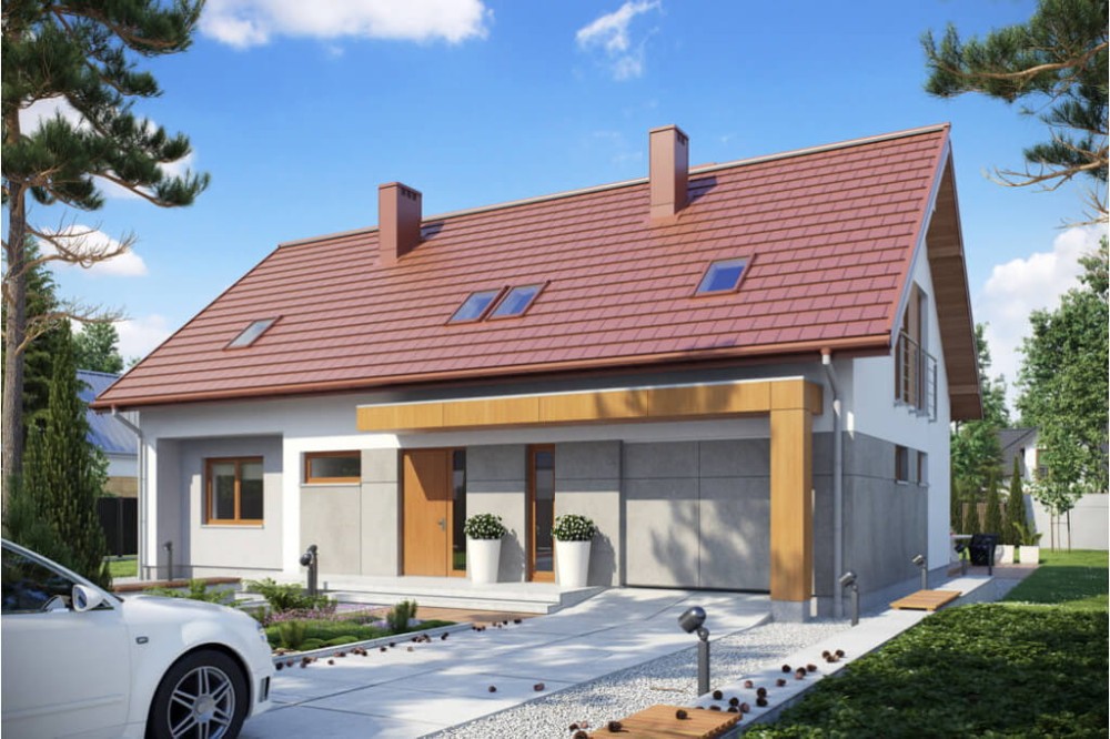 Projekt domu Rycerka 2 tech. L-6411 tech., parterowy  z poddaszem użytkowym, jednorodzinny, tradycyjny, z garażem-kolorystyka wersja 2