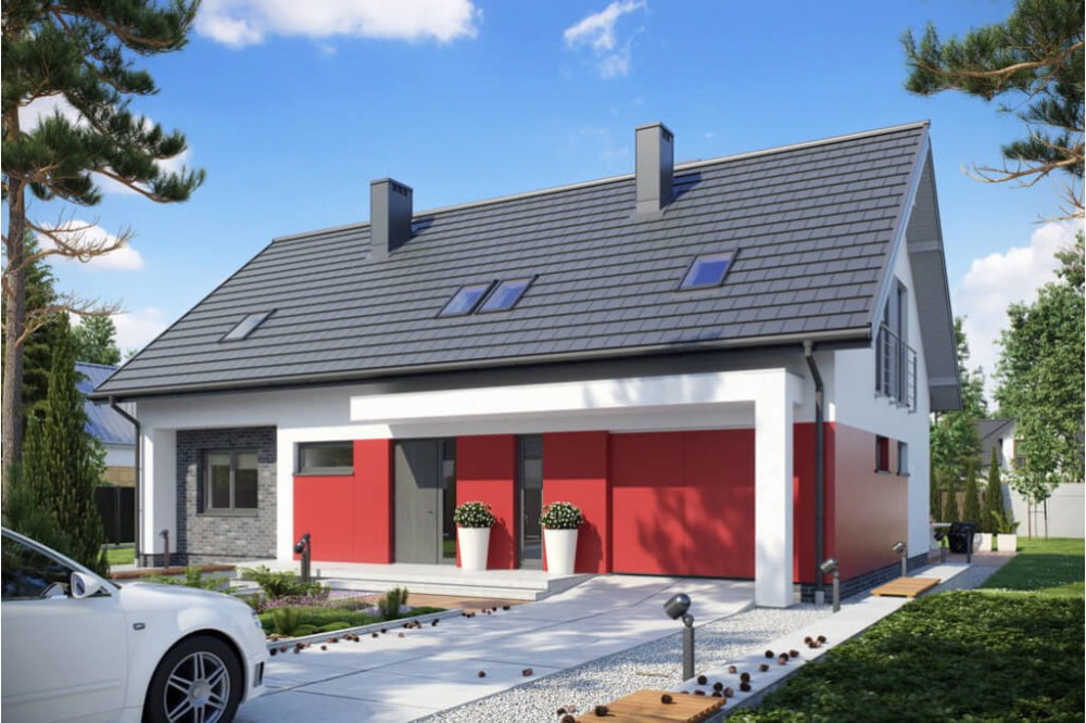 Projekt domu Rycerka 2 tech. L-6411 tech., parterowy  z poddaszem użytkowym, jednorodzinny, tradycyjny, z garażem-kolorystyka wersja 4