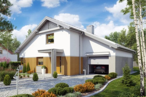 Projekt domu Nasturczynek tech. DM-6564 tech., parterowy z poddaszem do adaptacji, jednorodzinny, tradycyjny z garażem, bez podpiwniczenia -wizualizacja elewacji ogrodowej