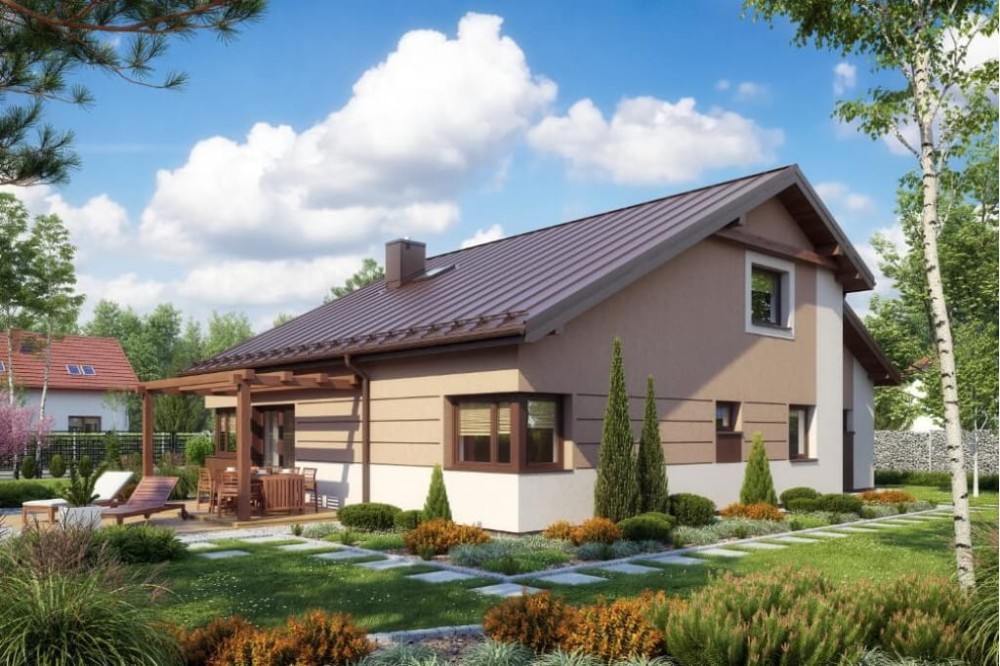 Projekt domu Nasturczynek 2 tech. L-6564 tech., parterowy z poddaszem do adaptacji, jednorodzinny, tradycyjny z garażem, bez podpiwniczenia -wizualizacja elewacji prawej
