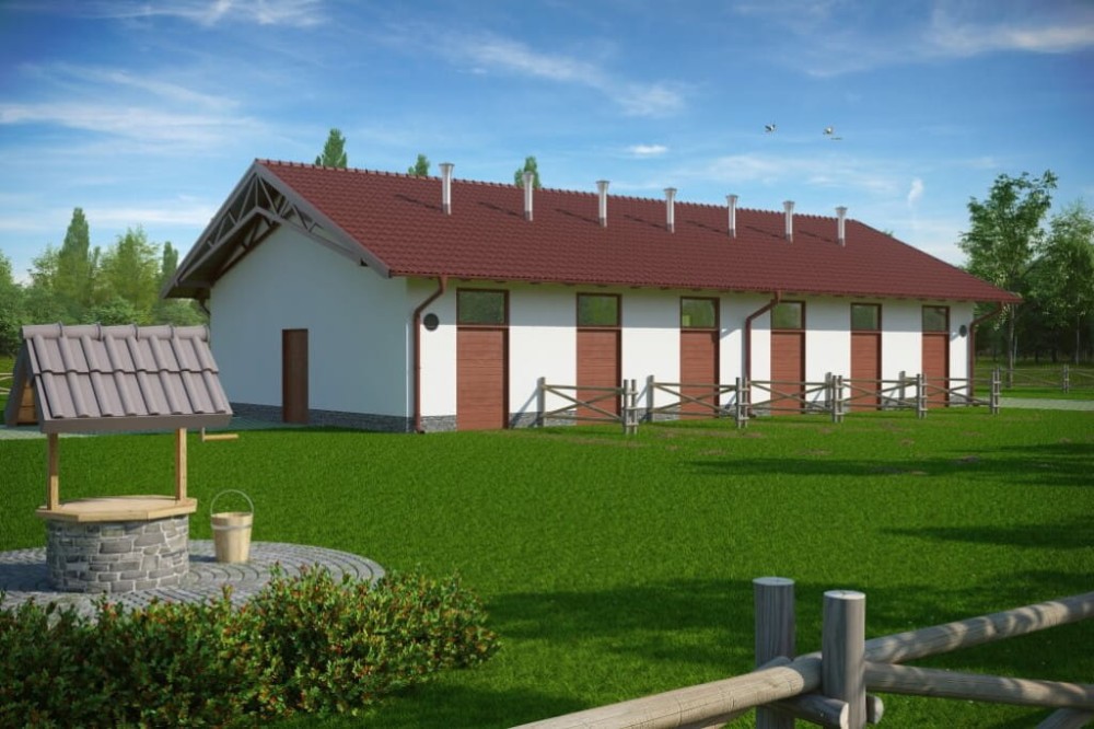 Projekt stajni tech. ZG-85 tech., parterowy, niepodpiwniczony, bez poddasza - kolorystyka wersja 3