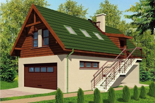 Projekt budynku mieszkalno-gospodarczego ZG-59, parterowy z poddaszem użytkowym, z garażem, bez podpiwniczenia - kolorystyka wersja 2