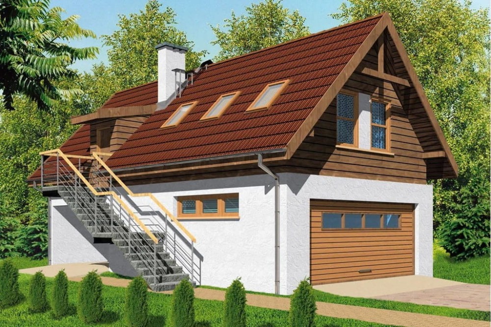 Projekt budynku mieszkalno-gospodarczego LZG-59, parterowy z poddaszem użytkowym, z garażem, bez podpiwniczenia - kolorystyka wersja 1