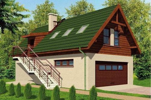 Projekt budynku mieszkalno-gospodarczego LZG-59, parterowy z poddaszem użytkowym, z garażem, bez podpiwniczenia - kolorystyka wersja 2