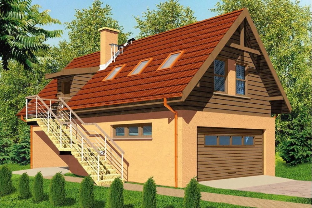 Projekt budynku mieszkalno-gospodarczego LZG-59, parterowy z poddaszem użytkowym, z garażem, bez podpiwniczenia - kolorystyka wersja 3