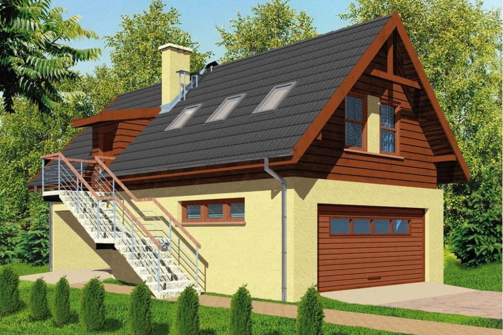 Projekt budynku mieszkalno-gospodarczego LZG-59, parterowy z poddaszem użytkowym, z garażem, bez podpiwniczenia - kolorystyka wersja 4