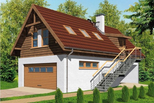 Projekt budynku mieszkalno-gospodarczego tech. ZG-59 tech., parterowy z poddaszem użytkowym, z garażem, bez podpiwniczenia - kolorystyka wersja 1