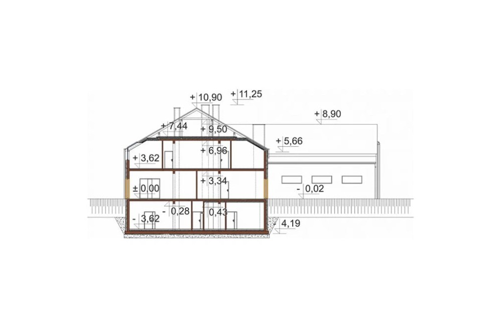 Projekt budynku K-153 - przekrój A-A