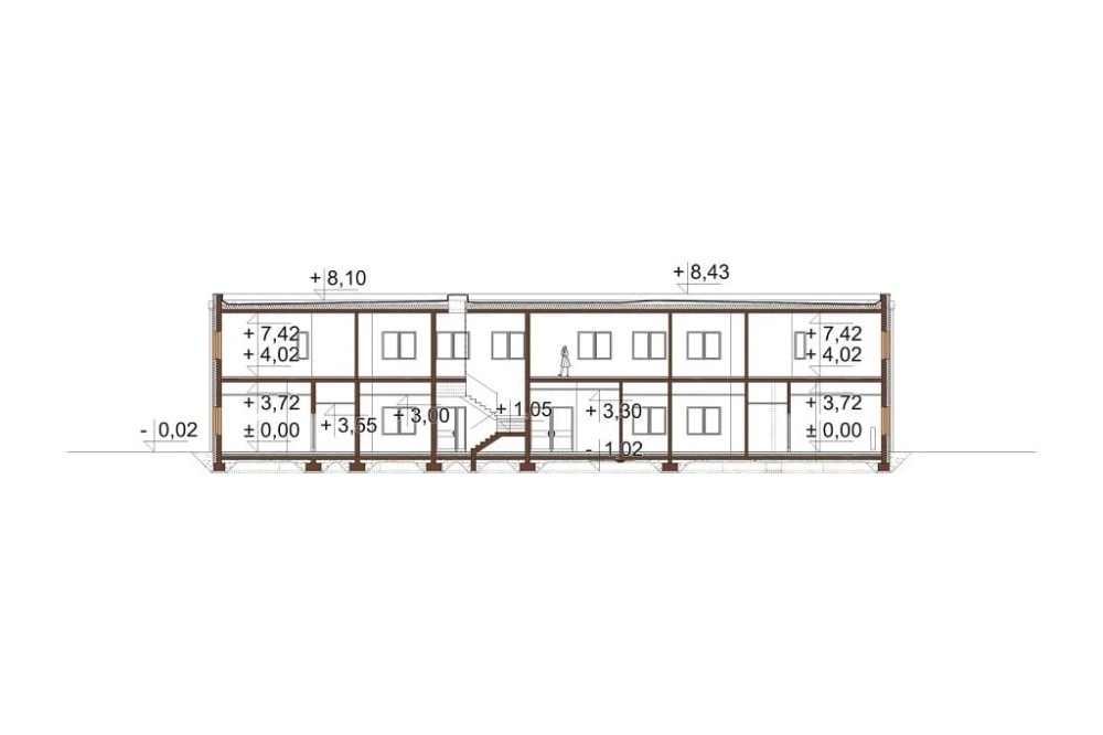 Projekt ośrodka rehabilitacyjnego z częścią hotelową K-155, dwukondygnacyjny, niepodpiwniczony, bez garażu - przekrój B-B