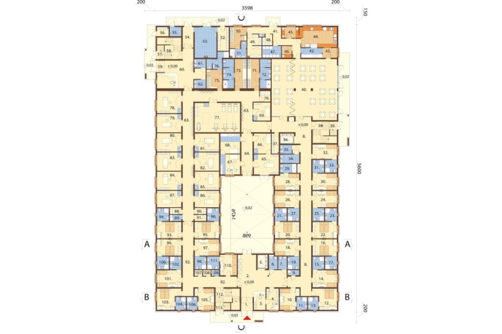 Projekt ośrodka rehabilitacyjnego z częścią hotelową LK-155, dwukondygnacyjny, niepodpiwniczony, bez garażu - rzut parteru