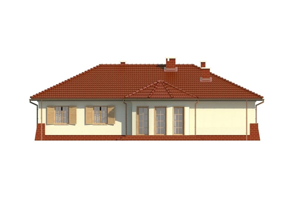 Projekt domu Ludwinów DM-6079, parterowy, jednorodzinny, dworkowy, z garażem, bez podpiwniczenia  - elewacja ogrodowa