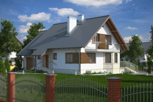 Projekt domu Posadów tech. DM-6040 tech., parterowy z poddaszem użytkowym i częściowym podpiwniczeniem oraz z garażem-kolorystyka wersja 2