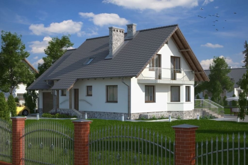 Projekt domu Posadów tech. DM-6040 tech., parterowy z poddaszem użytkowym i częściowym podpiwniczeniem oraz z garażem-kolorystyka wersja 4