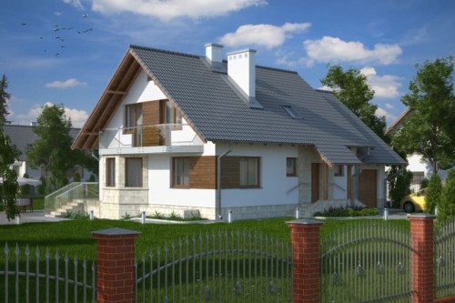 Projekt domu Wieluń tech. L-6040 tech., parterowy z poddaszem użytkowym i częściowym podpiwniczeniem oraz z garażem-kolorystyka wersja 2