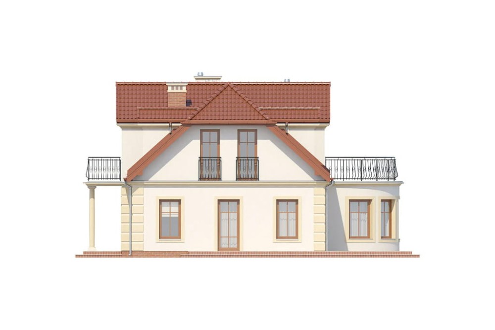 Projekt domu Kwiatoń DM-6414, parterowy z poddaszem użytkowym, jednorodzinny, dworkowy, bez garażu, bez podpiwniczenia  -elewacja prawa