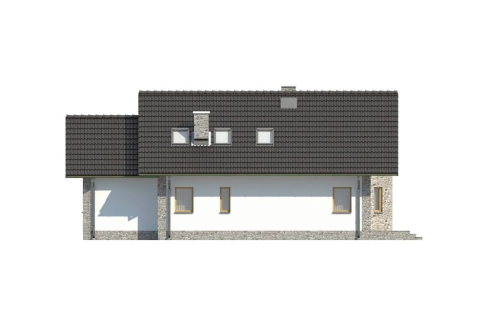 Projekt domu Zacisze DM-6168, parterowy z poddaszem użytkowym, jednorodzinny, bez podpiwniczenia, z garażem - elewacja ogrodowa