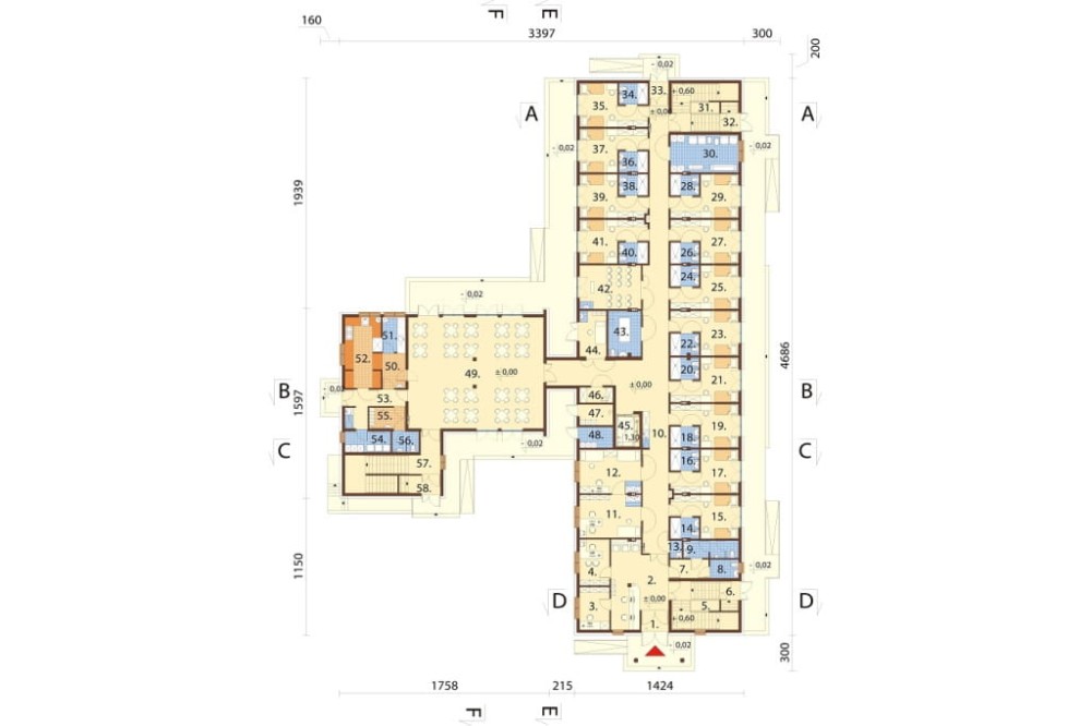 Projekt domu opieki dla osób starszych LK-143, budynek dwukondygnacyjny, bez podpiwniczenia - rzut parteru