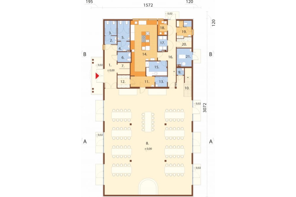 Projekt budynku gastronomicznego LK-172, parterowy z poddaszem, niepodpiwniczony, bez garażu - rzut parteru