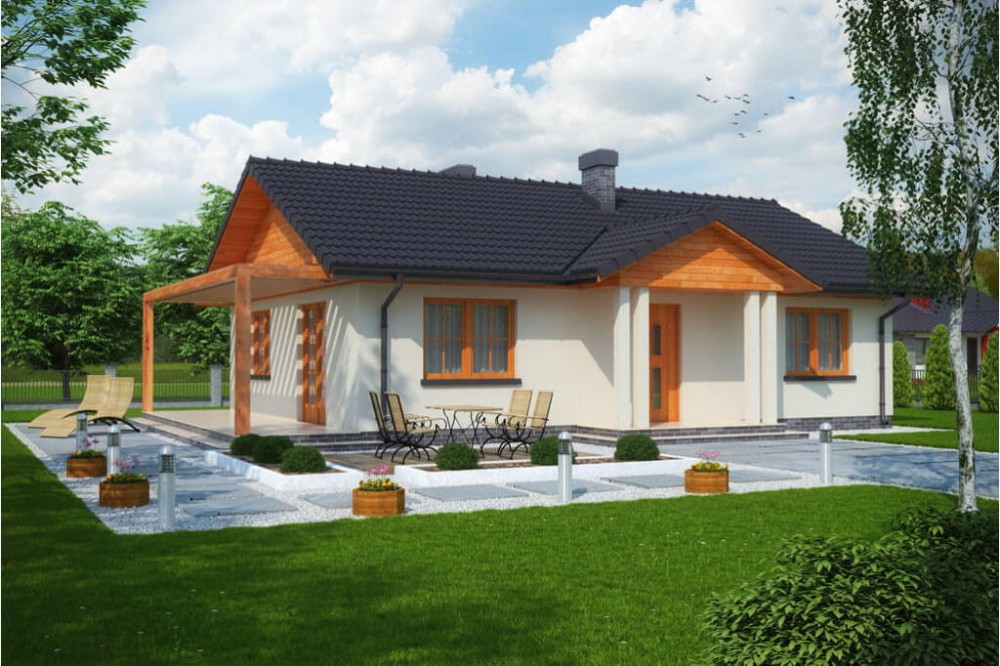 Projekt domu Rychnów tech. DM-6302 tech., parterowy, jednorodzinny, dworkowy, bez podpiwniczenia i bez garażu - kolorystyka wersja 2