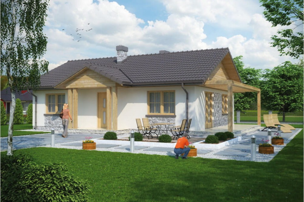 Projekt domu Rychnów 2  tech. L-6302 tech., parterowy, jednorodzinny, dworkowy, bez podpiwniczenia i bez garażu - kolorystyka wersja 1