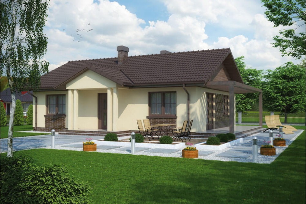 Projekt domu Rychnów 2  tech. L-6302 tech., parterowy, jednorodzinny, dworkowy, bez podpiwniczenia i bez garażu - kolorystyka wersja 3