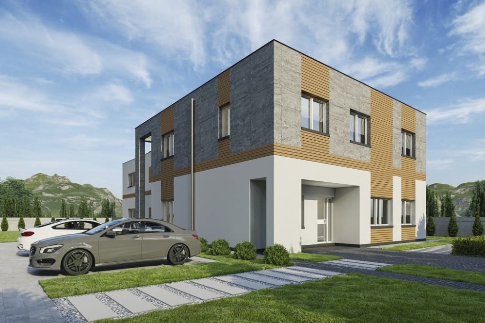 Projekt motelu z częścią usługową LK-134, dwie kondygnacje, bez garażu i piwnicy-kolorystyka wersja 2