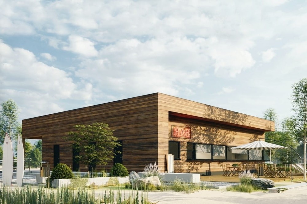 Projekt budynku gastronomicznego z zapleczem - sezonowy  LK-125, komercyjny parterowy, niepodpiwniczony, bez garażu-kolorystyka wersja 1
