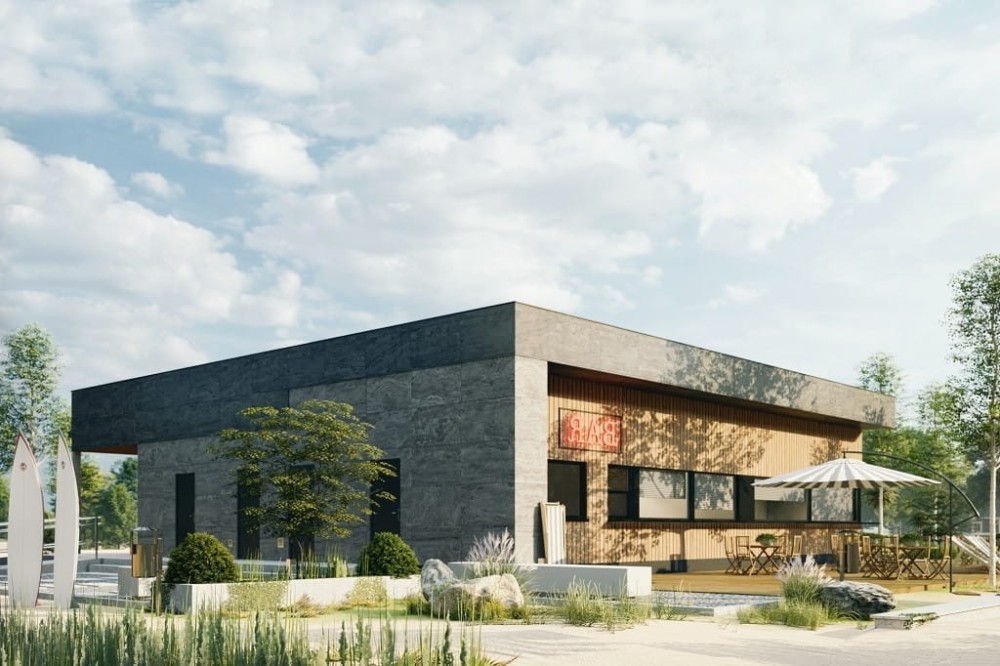 Projekt budynku gastronomicznego z zapleczem - sezonowy  LK-125, komercyjny parterowy, niepodpiwniczony, bez garażu-kolorystyka wersja 3