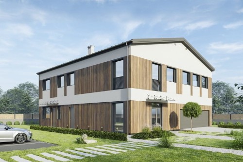Projekt budynku biurowo-usługowego LK-142, dwukondygnacyjny (parter, I piętro) z garażem 3 stanowiskowym-kolorystyka wersja 2
