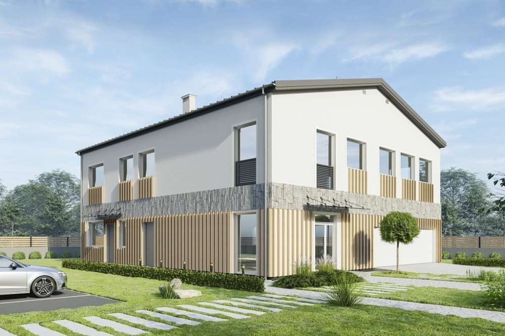Projekt budynku biurowo-usługowego LK-142, dwukondygnacyjny (parter, I piętro) z garażem 3 stanowiskowym-kolorystyka wersja 3
