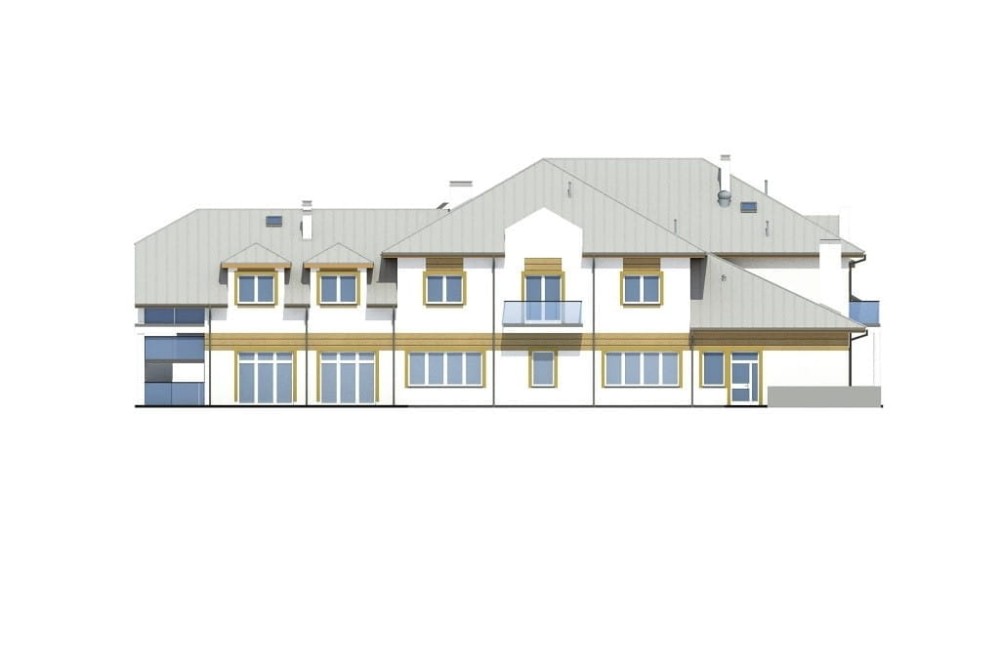 Projekt pensjonatu LK-140, podpiwniczony, bez garażu - elewacja ogrodowa