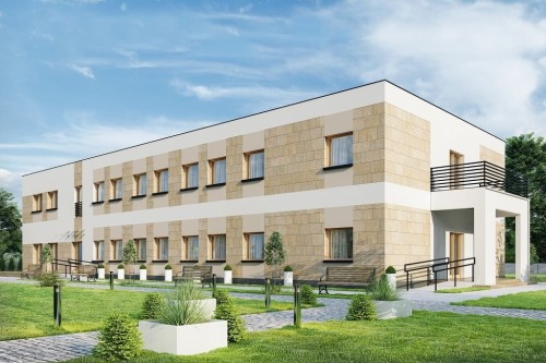 Projekt budynku terapeutycznego LK-138, niepodpiwniczony i posiada dwie kondygnację nadziemne: parter i piętro-kolorystyka wersja 1