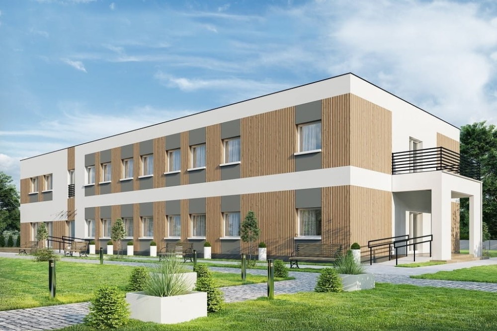 Projekt budynku terapeutycznego LK-138, niepodpiwniczony i posiada dwie kondygnację nadziemne: parter i piętro-kolorystyka wersja 4
