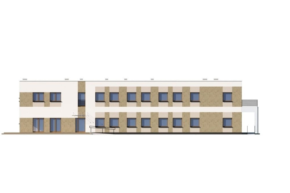 Projekt budynku terapeutycznego LK-138, niepodpiwniczony i posiada dwie kondygnację nadziemne: parter i piętro- elewacja frontowa