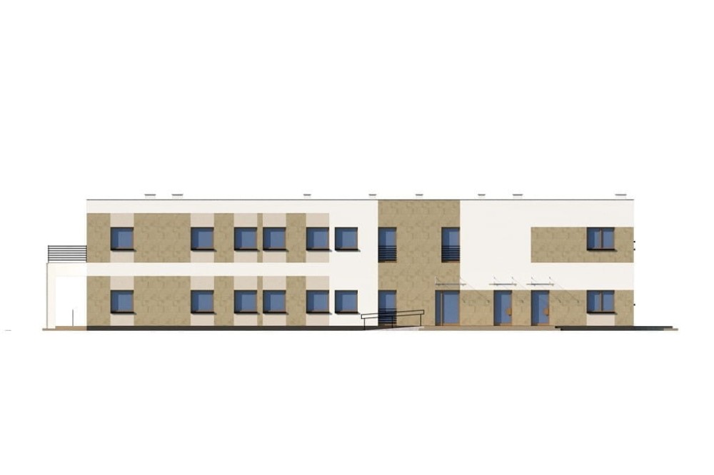 Projekt budynku terapeutycznego LK-138, niepodpiwniczony i posiada dwie kondygnację nadziemne: parter i piętro - elewacja ogrodowa