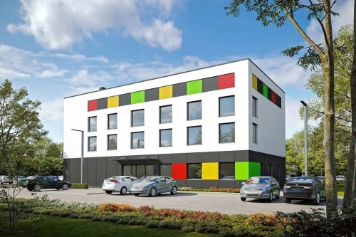Projekt centrum sportu LK-137, dwukondygnacyjny (parter i piętro), bez garażu i piwnicy-kolorystyka wersja 2